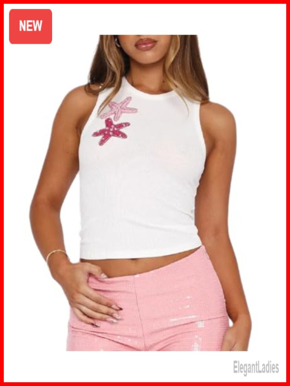 Women Sequined Starfish Tank Top Sleeveless Beach Summer Y2K